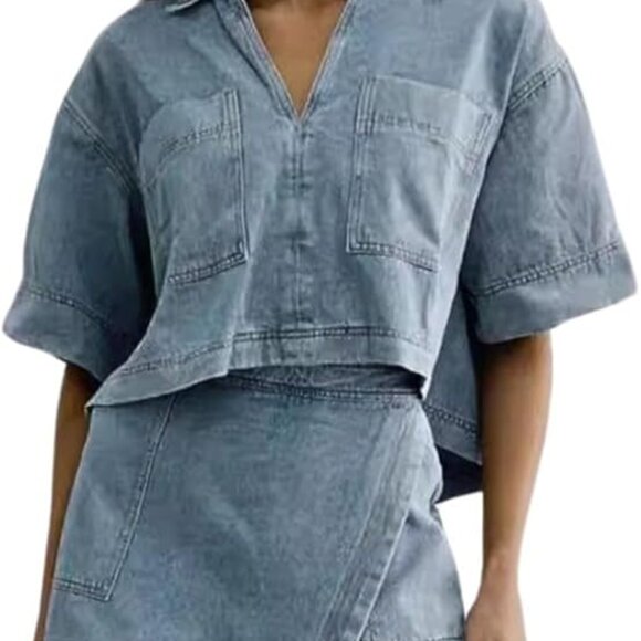 ELFTOWN Women's 2-Piece Denim Set V-Neck Tunic Top & High-Waisted Skort Skirt - Picture 2 of 3